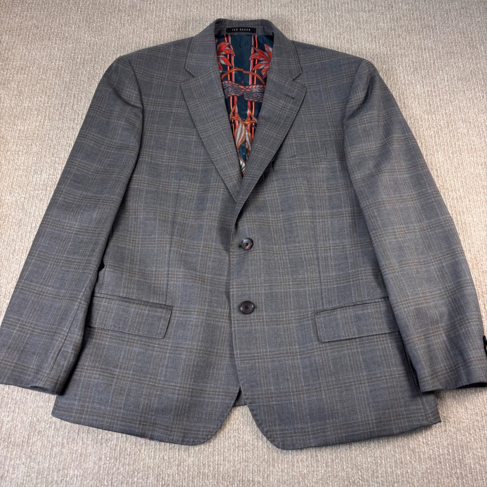 Ted Baker Modern Fit Gray Windowpane Plaid Suit Men's Size 42R/34x26 NWOT